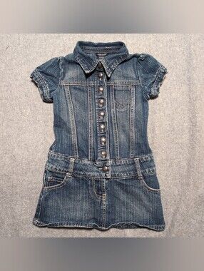VTG Y2K GUESS Denim Button Down Short Sleeve Dress Size Medium 5/6 Rhinestone